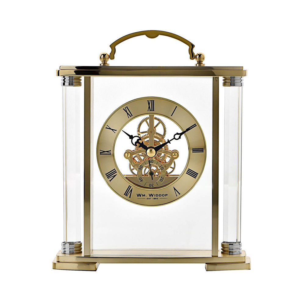 Wm. Widdop Gold Mantel Clock with Handle Skeleton Movement *(12/10)*