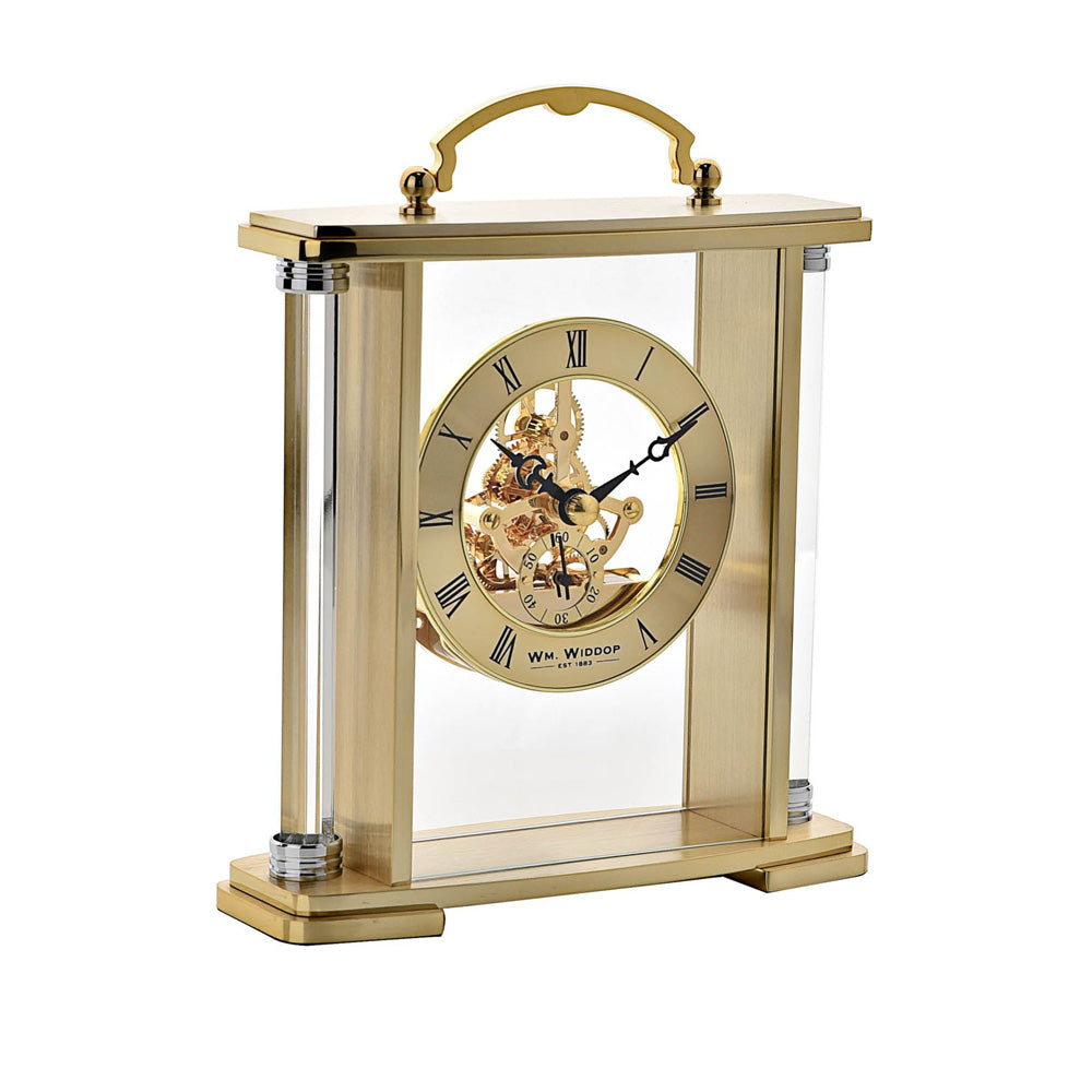 Wm. Widdop Gold Mantel Clock with Handle Skeleton Movement *(12/10)*